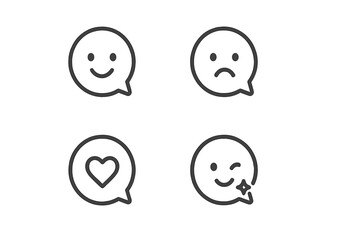 Minimalist Emoji Icons. Line style icons of miniature emoji bubbles: small happy face, tiny tear face, love bubble, flat mouth