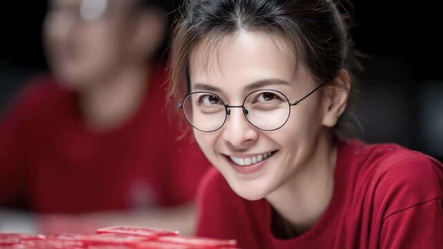 Close-up of a Smiling Woman Focused on Work Showing Workplace Charm