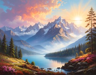 Majestic mountain range reflecting on a serene lake at sunrise
