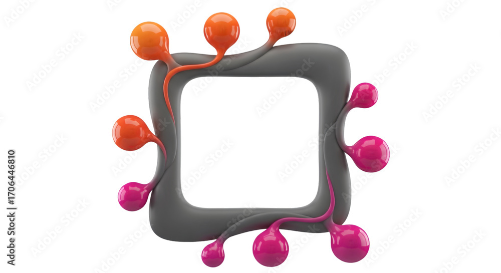 Poster abstract 3d rendered frame with spherical elements flowing outward for modern design and technology 