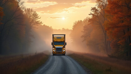 Yellow semitruck drives on misty forest road during autumn sunrise. Golden light filters through trees with orange, yellow leaves. Foggy countryside landscape with cargo transport on path.