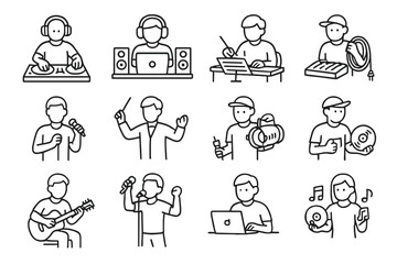 Music Career Icons. Line style icons of music careers and roles: DJ icon, music producer, composer desk, sound engineer; solo