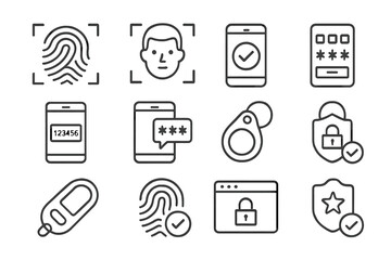 Multi-Factor Authentication Icons. Line style icons of multi-factor authentication: fingerprint, face scan, code entry, mobile