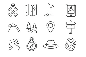 Exploration Icon Set. Line style icons of navigation and exploration: compass, map with path, trail marker, GPS icon; mountain