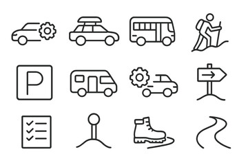 Transportation Icons Set. Line style icons of transportation and arrival: car with gear, rooftop box, bus icon, hiking to site;