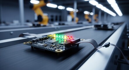 LED indicators blinking on a compact drone microcontroller as it moves along a conveyor belt midprocess of firmware uploading for swarm coordination.