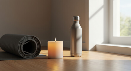Rolled yoga mat beside a meditation candle and water bottle on a clean wooden surface, natural daylight emphasizing calmness and balance, concept of mindfulness fitness, no human presence.