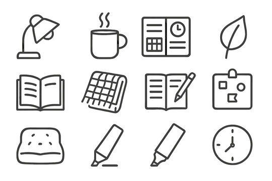 Quiet Workspace Essentials. Line style icons of quiet workspace needs: dim lamp, coffee steam, time planner, fresh leaf; desk