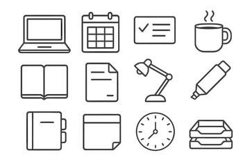 Minimal Workspace Icons. Line style icons of focused workspace: clean laptop, calendar grid, task card, cozy mug; note book,