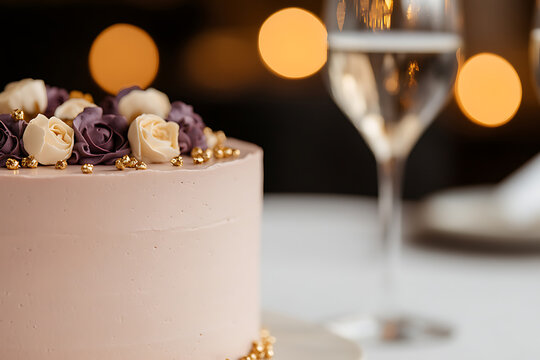 Elegant celebration cake with delicate floral decorations and golden accents, paired with sparkling champagne against a warm bokeh background.