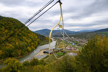 The cable car on Mount Bosnychka, Carpathian Mountains. Cableway in Mizhhirya. Rural settlement in Zakarpattia region, Ukraine.