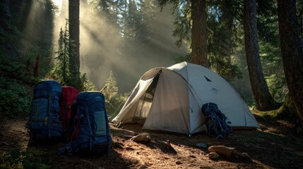Camping adventure unfolds as sunbeams pierce through the towering trees awakening nature