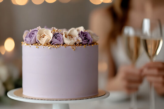 Celebratory cake with floral decoration, golden sprinkles, and champagne flutes. A sweet treat for a special event, shared during a toast.