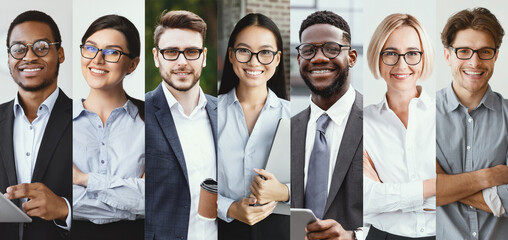 In a modern office setting, a group of diverse professionals poses confidently. They showcase a mix of Asian and Black individuals, all dressed in business attire, smiling and engaging.