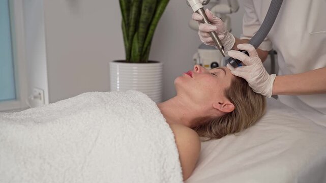 Professional beautician performing laser treatment on woman's face for skin rejuvenation in beauty clinic