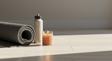 Rolled yoga mat beside a meditation candle and water bottle on a clean wooden surface, natural daylight emphasizing calmness and balance, concept of mindfulness fitness, no human presence.