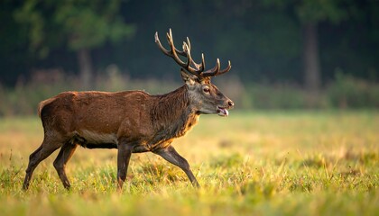 Majestic stag walking through golden meadow at dawn