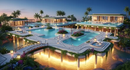 Obraz premium Luxury resort swimming pool villa tropical architecture palm trees vacation destination travel paradise