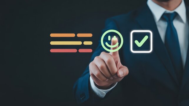 Digital Satisfaction: A professional figure in a sharp suit interacts with a digital interface, representing customer satisfaction, positive reviews, and quality assurance.