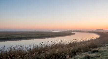 Sunrise river landscape view morning fog nature scenic tranquil water reeds peaceful outdoors calm beauty