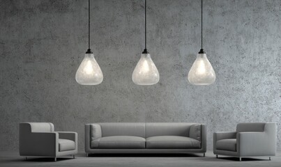 Modern living room setting with frosted glass pendant lights, featuring a minimalist gray sofa and armchairs against a textured concrete wall.