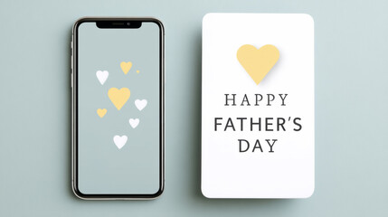 Father's day greeting card and smartphone with heart design on light blue background