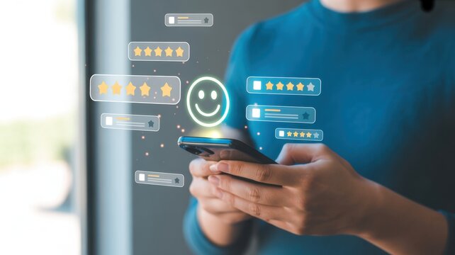 Customer Satisfaction: A person interacting with a mobile phone, surrounded by the visual indicators of customer feedback, reflecting the essence of digital service evaluation and ratings.