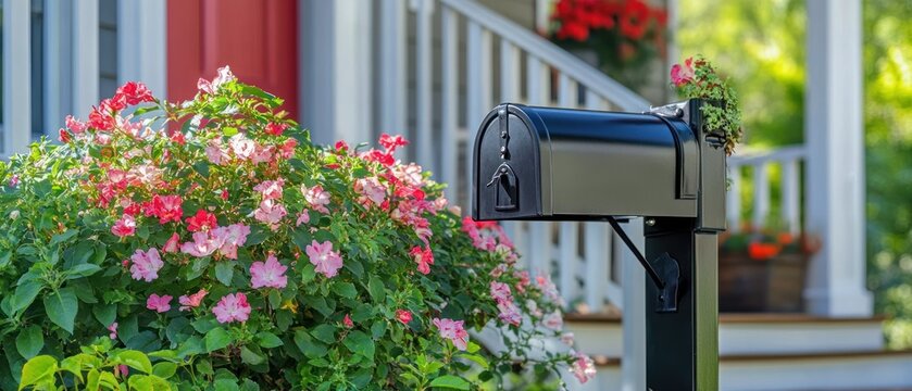 Black mailbox and pink flowers in sunny garden setting