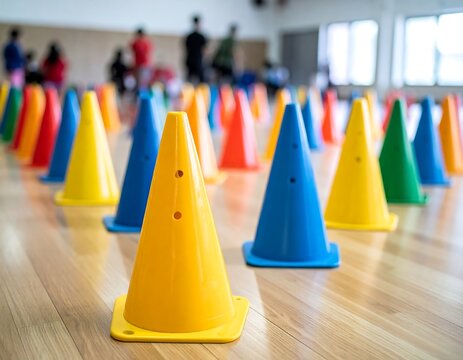 Colorful cones on a wooden floor in a gym