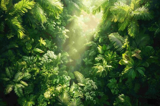 Lush green tropical rainforest canopy viewed from above, sunlight filtering through leaves.