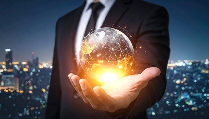 A man in a suit holds a glowing orb depicting a network over Earth, superimposed on a cityscape at night