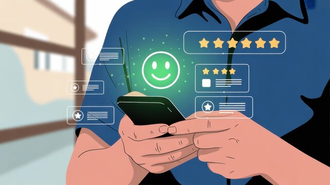 Digital Delight: A digital illustration depicts hands interacting with a smartphone displaying a user rating interface and a smiley face, conveying customer satisfaction and digital engagement. 
