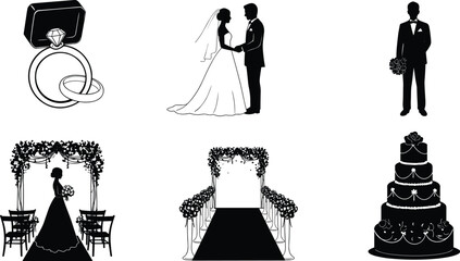 Wedding rings, bride, groom, bouquet, wedding arch, ceremony aisle, wedding cake, marriage, vows, love, romance, celebration, reception, floral, decor, nuptials, couple, anniversary, matrimony, event