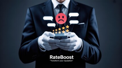 Negative Feedback Concerns: A business professional, clad in a formal suit, is holding a smartphone and dealing with critical comments, illustrated with speech bubbles and a frowning emoji.