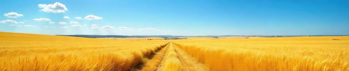 Fototapeta premium Vast, open plains stretching to the horizon under a clear blue sky Endless fields of golden wheat ripple gently in the breeze, a picturesque scene of rural serenity , image, texture, clouds