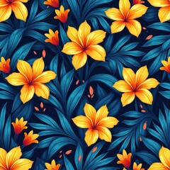 Obraz premium Vibrant illustration of seamless floral pattern featuring bright yellow flowers with orange centers, rich, dark teal leaves. Decorative design evokes tropical exotic nature, perfect for wallpapers,