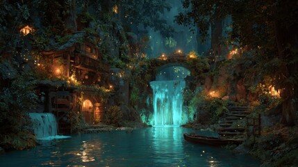 Enchanting woodland retreat with a magical cottage waterfall and bridge illuminated by mystical