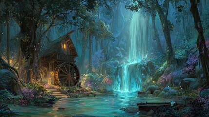 Enchanting watermill scene amidst a lush forest with a magical waterfall backdrop providing a