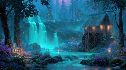Enchanting Millhouse by the Waterfall: A Serene Fantasy Landscape at Night
