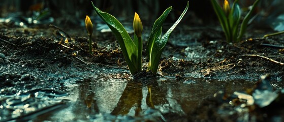 Young plants sprouting in dark wet soil reflecting in puddle