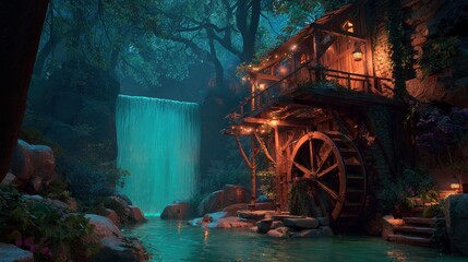 Enchanting watermill house by a serene waterfall in a mysterious forest landscape
