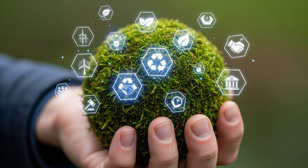Eco-Friendly Close-Up of Hand Holding Green Moss Ball with ESG Icons Floating Around:
Symbolizing Sustainable Business and Environmental, Social, Governance Principles in Soft Green Tones