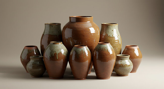 Group of Diverse Terracotta Vases with Textured Glazes, Ranging in Size and Shape, Arranged Artfully on a Softly Lit Neutral Background