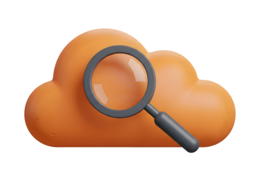 Cloud storage search magnifying glass exploration concept digital data analysis information discovery technology bright orange Tansparent Background