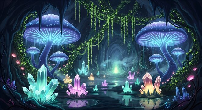 Fantasy cave with glowing mushrooms and crystals magical landscape illustration art background scene - Powered by Adobe