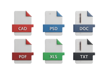 Digital file format icons cad psd doc pdf xls txt representing data types for digital documents and software applications Tansparent Background