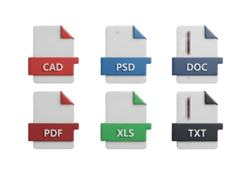 Digital file format icons cad psd doc pdf xls txt representing data types for digital documents and software applications Tansparent Background