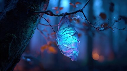 Enchanted forest cocoon glowing with ethereal light on a tree branch during twilight