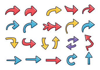 Collection of colorful, hand-drawn arrows pointing in various directions on a white background