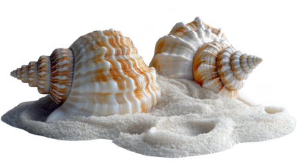 Two conch shells resting on a bed of fine white sand, isolated on transparent background
